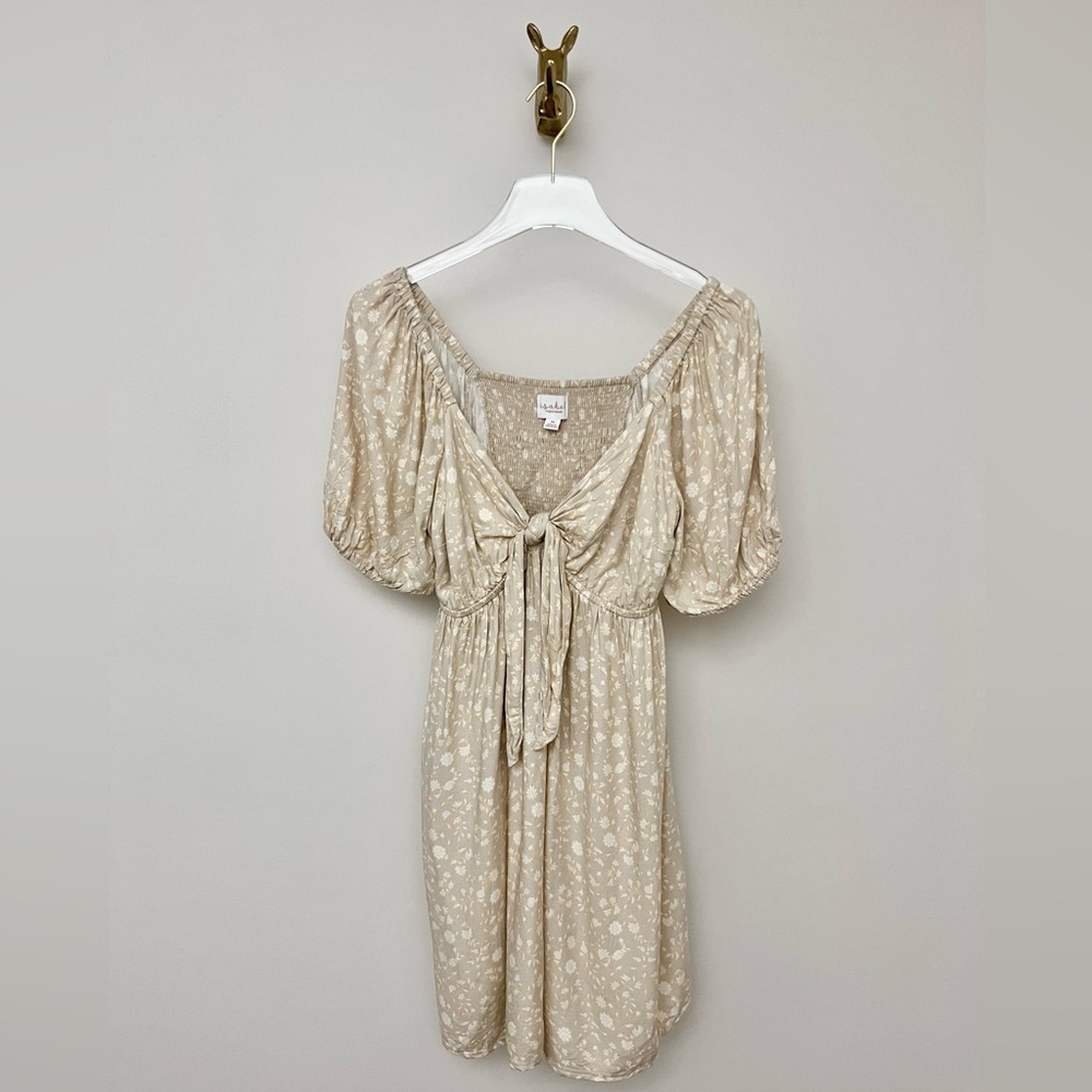 Tan Floral Print Front Tie Babydoll Mini Dress - Picture 9 of 14
